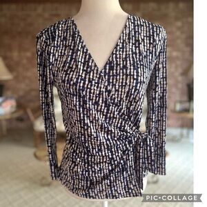 Evan Picone Blue Multi Faux Wrap Jersey Knit Top XS